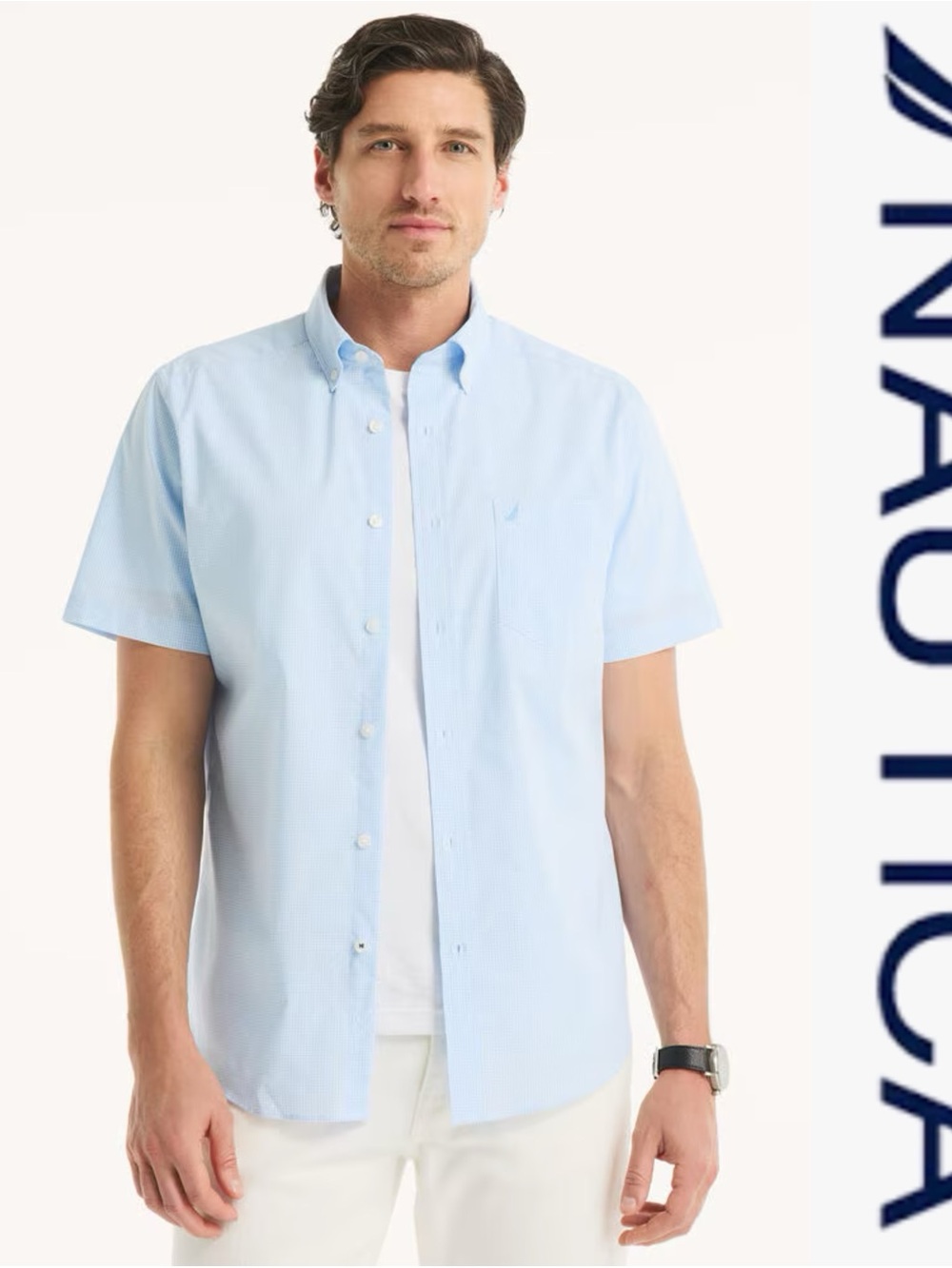 Nautica wrinkle resistant Blue White Checker short-sleeve Shirt*NWT